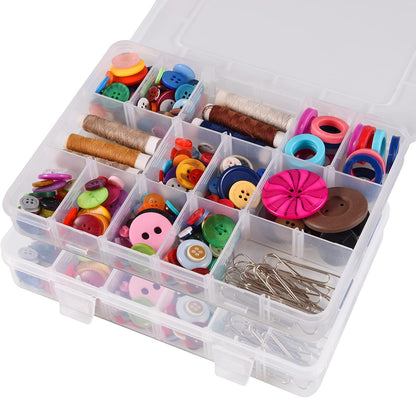Exptolii 15 Large Grids Plastic Organizer Box with Dividers, 2 Pack Clear Compartment Container Storage for Washi Tapes Beads Crafts Jewelry Fishing Tackles, Size 11 x 6.3 x 2.2 in