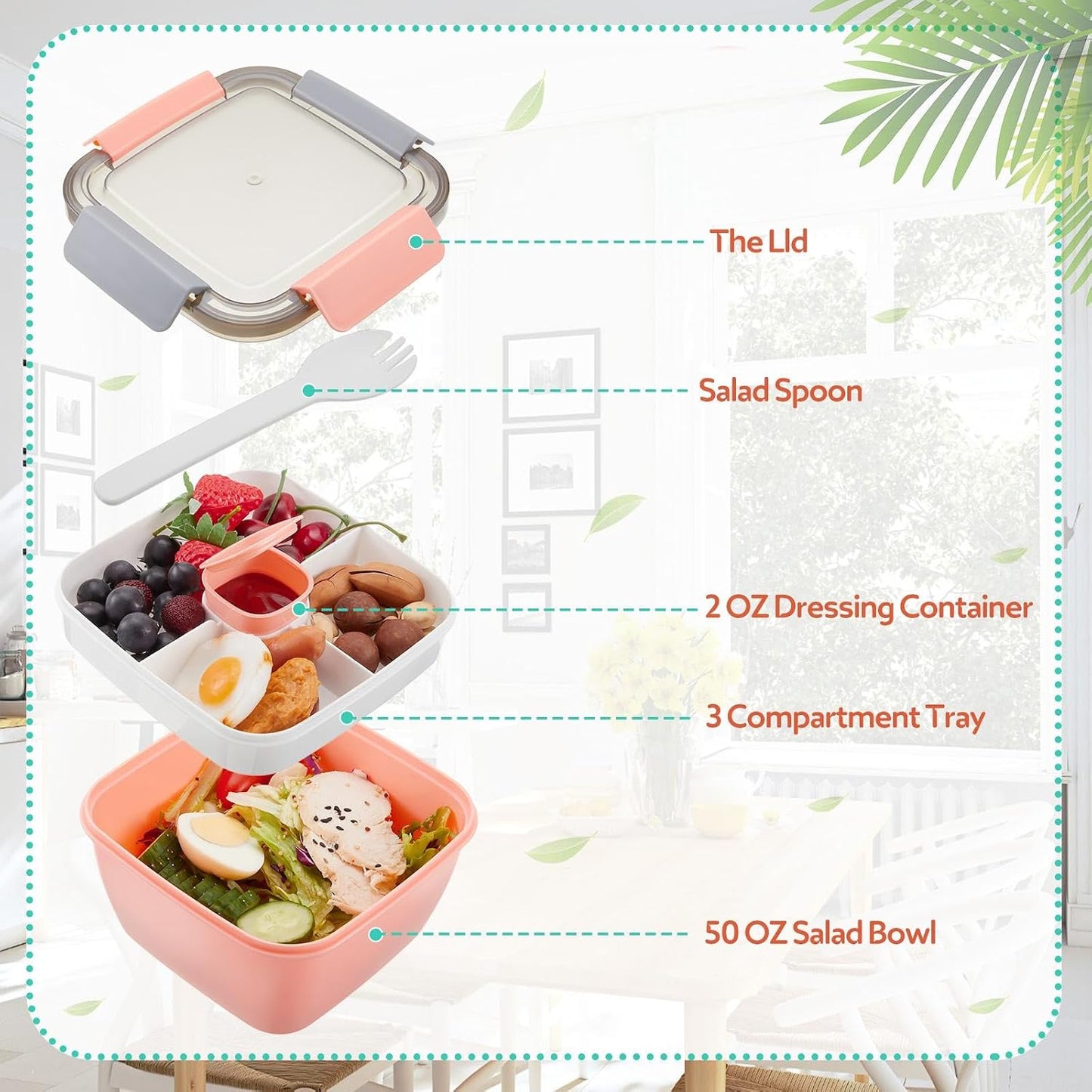 Tessco for you 6 Pcs Salad Lunch Container 50 oz Salad Container with 3 Compartment Reusable Bento Box for Adults Stackable Lunch Bowl for Meal Snack Fruit(Pink)