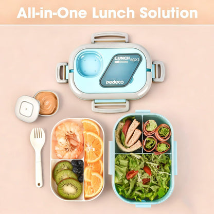 PEDECO All-in-one Bento Lunch Box Set for Adults & Kids with Insulated Bag, Leakproof 3-Compartment and 2-Tier Stackable Container with Portable Sauce Pod, Microwave/Dishwasher Safe, BPA-Free (White)