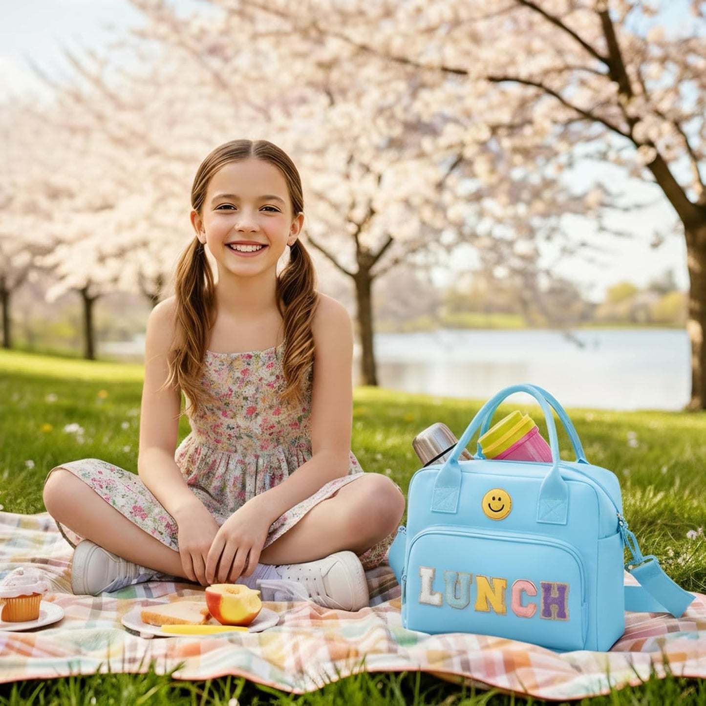 RLGPBON Insulated Lunch Bag Teen Girls, Preppy Lunch Box Large Insulated Lunch Bag Reusable Lunch Tote Bag, Preppy LunchBag for Girls School Travel Picnic