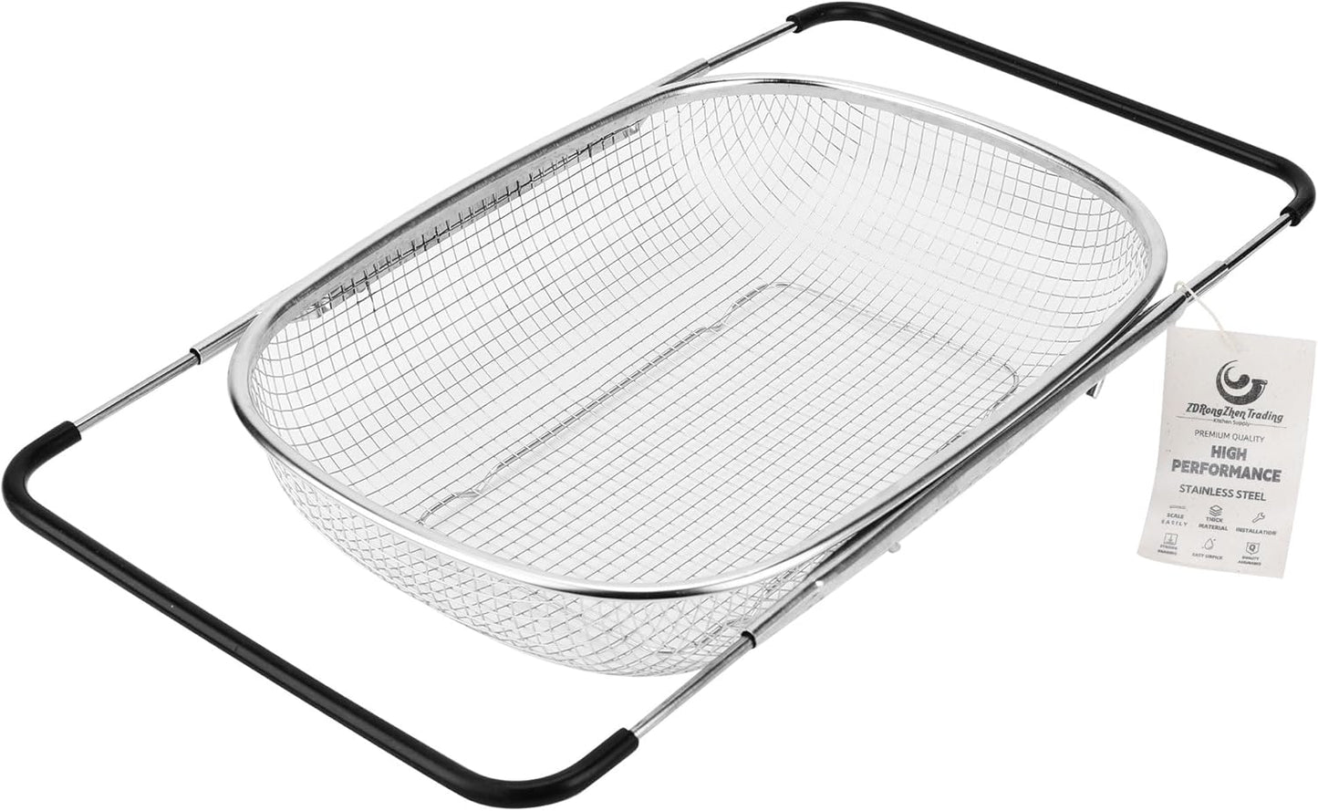 ZDRongZhen Kitchen Accessories Over the Sink Colander Strainer Basket，Stainless Steel Colander with Expandable Rubber Grip Sink Drainer-Rinse Vegetables Fruits &Strain&Drain (Large-Fine mesh)