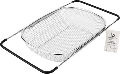 ZDRongZhen Kitchen Accessories Over the Sink Colander Strainer Basket，Stainless Steel Colander with Expandable Rubber Grip Sink Drainer-Rinse Vegetables Fruits &Strain&Drain (Large-Fine mesh)