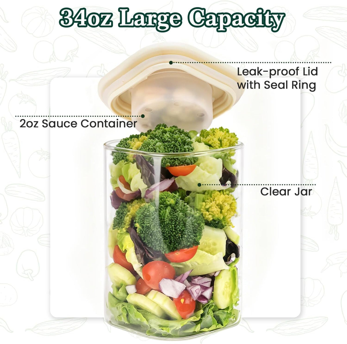 LIBWYS 39oz Large Glass Salad Jars with Lids Meal Prep, 5pack Square Containers for Home Storage & Lunch, Built-In Leakproof Compartments, Wet/Dry Separation for Salad Dressing & Ingredients