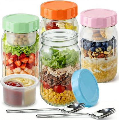 Overnight Oats Containers with Lids and Spoons - 4 Pack 16 oz Glass Mason Jars with Separate Compartments Airtight Overnight Oat Jars Leakproof Yogurt Parfait Cup for Oatmeal Chia Pudding Cereal Salad