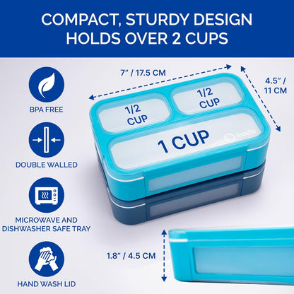 Small Snack Containers for Kids Toddlers - 3 Compartments (Set of 2) - Leak-Proof Reusable Boxes with Lids - BPA-Free Plastic Mini Bento Lunch Box - Holds 2 Cups Capacity (Pastel Blue+Teal Sparkle)