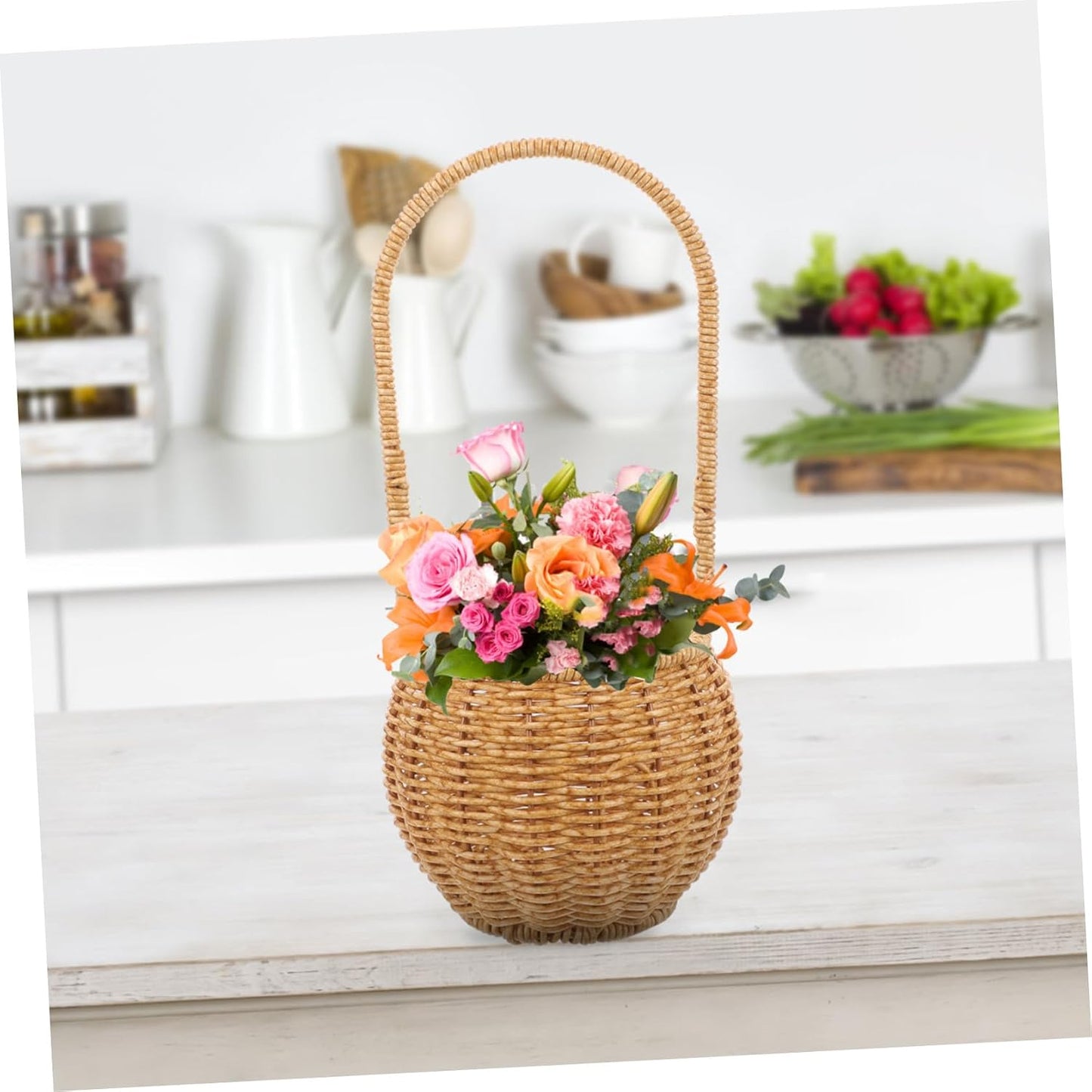 Rustic Style Plastic Rattan Storage Basket with Handle, Wear Resistant and Convenient to Carry, Unique Shape Fruit and Egg Storage Basket for Birthday or Shower
