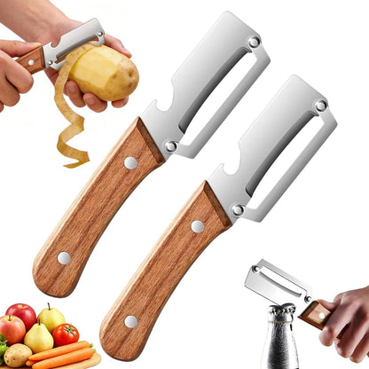 2PCS Multifunctional Vegetable Peeler for Kitchen,2-in-1 Stainless Steel Peeler Kitchen Tool with Wooden Handle and Bottle Opener for Fruit Apple Potato Pumpkin Papaya