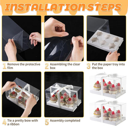 JCD 4 Pack Clear Cupcake Boxes, Plastic Cupcake Containers with Gift Ribbon, 5.5inches height Holder 6 Count Cup Cake Boxes for Parties, Baking, Wedding, Transport (6count/4pcs)