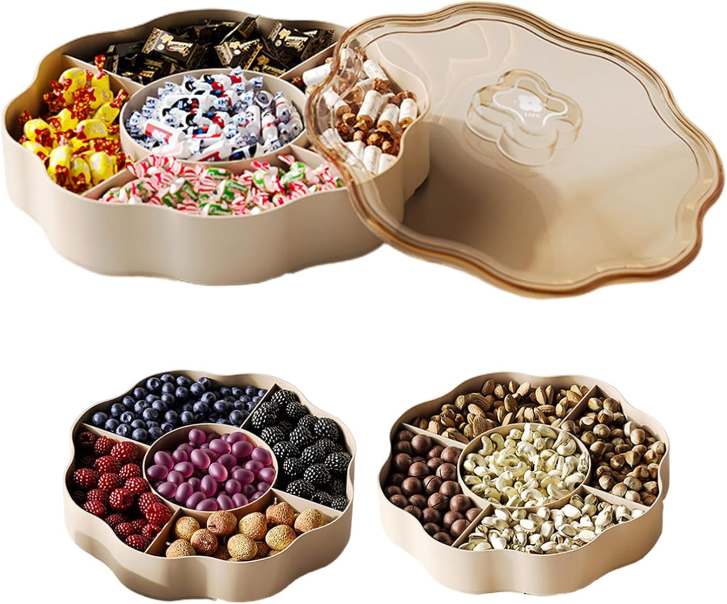 Dry Fruit Tray, 5 Compartments Relish Tray with Lid Round Plastic Serving Dishes for Nut, Snack, Fruit, Candies, Cookie Home, Office 9.5x9.5x3.4 inch
