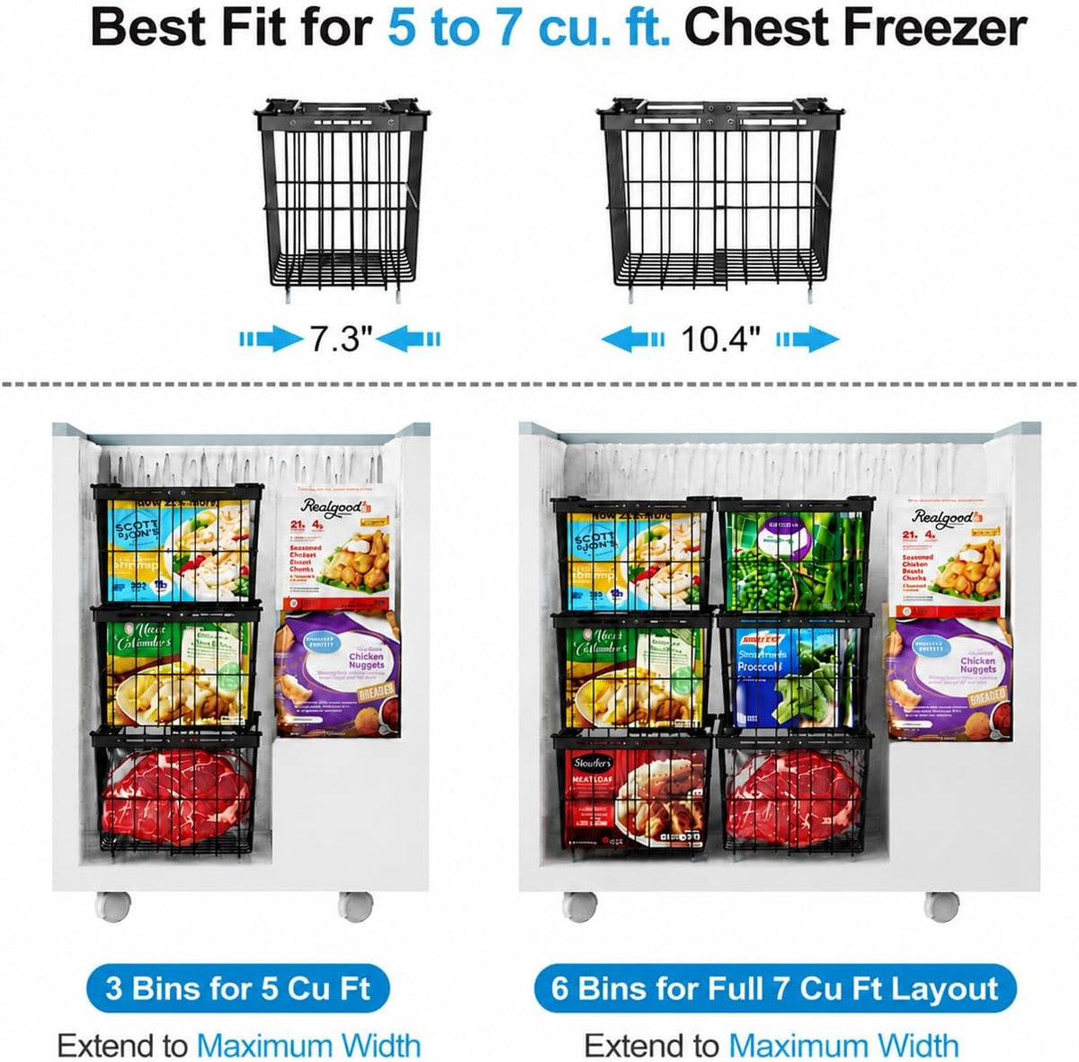 iSPECLE Chest Freezer Organizer - Adjustable Width & Extra Depth, 3 Pack | For 5-7 Cu Ft Chest Freezers, Stackable Large Freezer Organizer Bins, Easy Food Access & Organization, No Wasted Space, White
