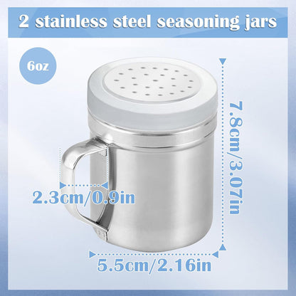 2Pcs Metal Salt Pepper Dredge Shakers, Stainless Steel Pepper Shaker Seasoning Jar With Handle, With Hole And Cover, Suitable For Pepper, Cinnamon And Coffee Spice Jars (Small-6OZ)