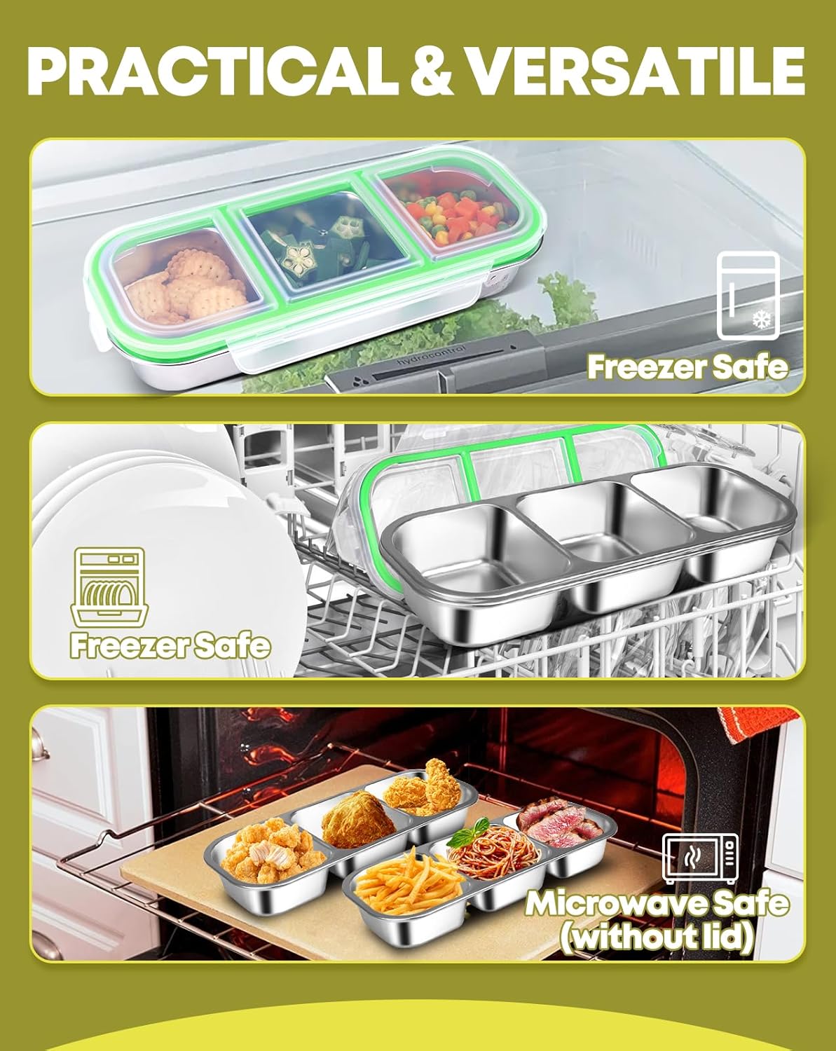 2Pack Stainless Steel Snack Containers for Kids Adults, Reusable 3 Compartment Snackle Box Container with Leakproof Lids Metal Bento Lunch Boxs Food Storage Containers for Travel Picnics Office School