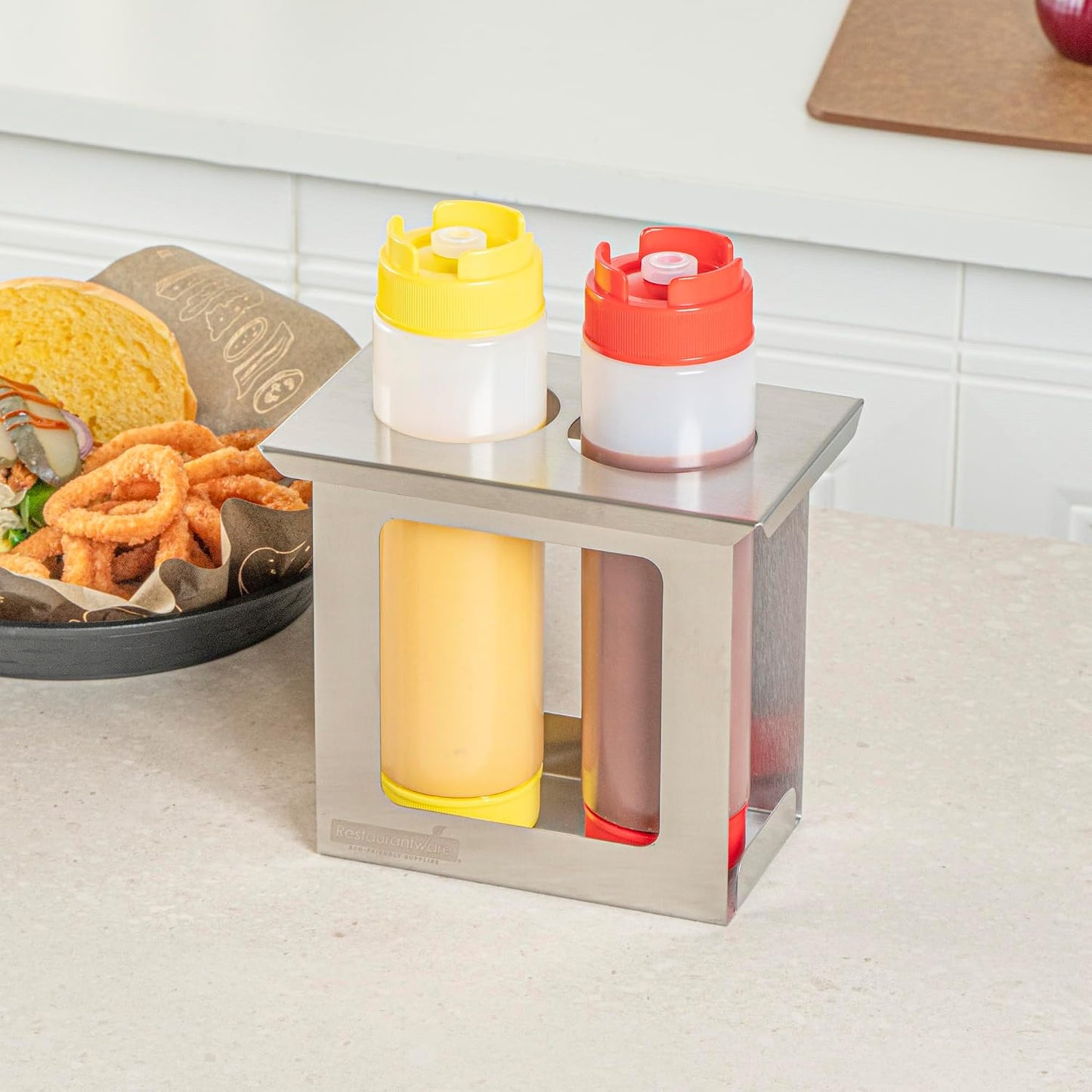 Restaurantware Stainless Steel Bottle Organizer - 1 Count - 6.299 x 7.087 x 0.394 Inches - Dishwasher-Friendly Condiment Holder - Kitchen Bottle Rack - Space-Saving Design - Silver