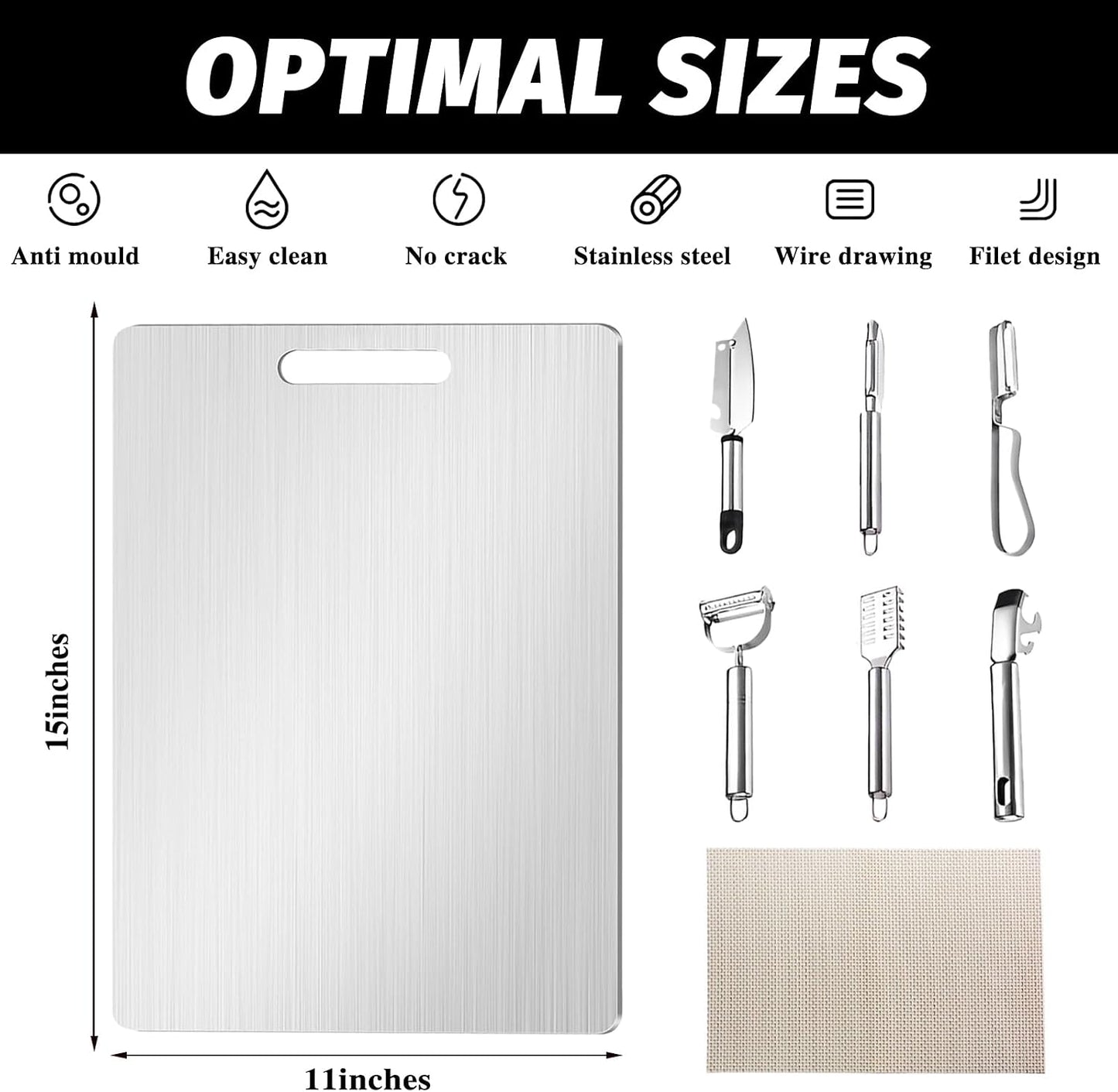 New Upgraded Titanium Cutting Board, Stainless Steel Cutting Boards For Kitche, Dishwasher Safe Double-sided Chopping Board with Peeler and Anti-slip Mat(18"L x 12"W)