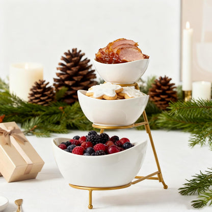 Gomakren 3 Tiered Oval Serving Bowl with Collapsible Metal Rack, Chip and Dip Serving Set, Dessert Appetizer Bowl Set (45oz / 17.5oz / 7oz), Serving Bowls For Mothers Day Entertaining (Gold Stand)