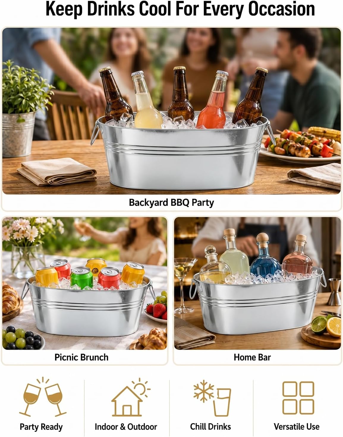 2 Pack 3 Gallon Galvanized Tub Ice Bucket, 15x7x6.5" Metal Drink Buckets for Parties, Leak-Proof Beer Beverage Tubs with Handles for Champagne Wine Mimosa Bar Supplies (White)