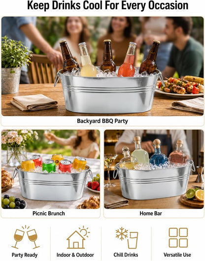 2 Pack 3 Gallon Galvanized Tub Ice Bucket, 15x7x6.5" Metal Drink Buckets for Parties, Leak-Proof Beer Beverage Tubs with Handles for Champagne Wine Mimosa Bar Supplies (White)