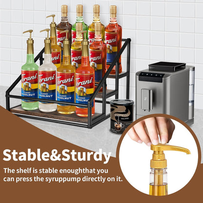 YQBRAO Coffee Syrup Rack Organizer,Liquor Bottle Display Shelf,2-Tier 4 Bottle Stand for Coffee Bar, Kitchen Station, Liquor, Wine, Dressing,Rustic Brown