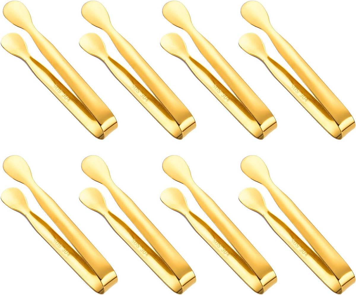 8 Pack Small Ice Tongs Mini Sugar Tongs Stainless Steel Sweet Tongs Appetizers Tongs for Sugar Cubes Ice Cubes Dessert Buffet Picnic, Golden
