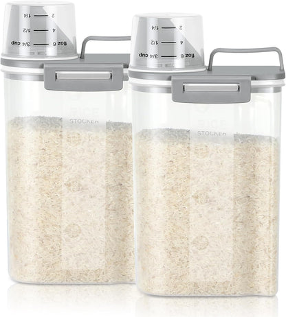 TBMax Rice Storage Container 2 Pack, Plastic Kitchen Pantry Food Storage Container with Cup, Small Pet Dog Cat Food Container Dispenser