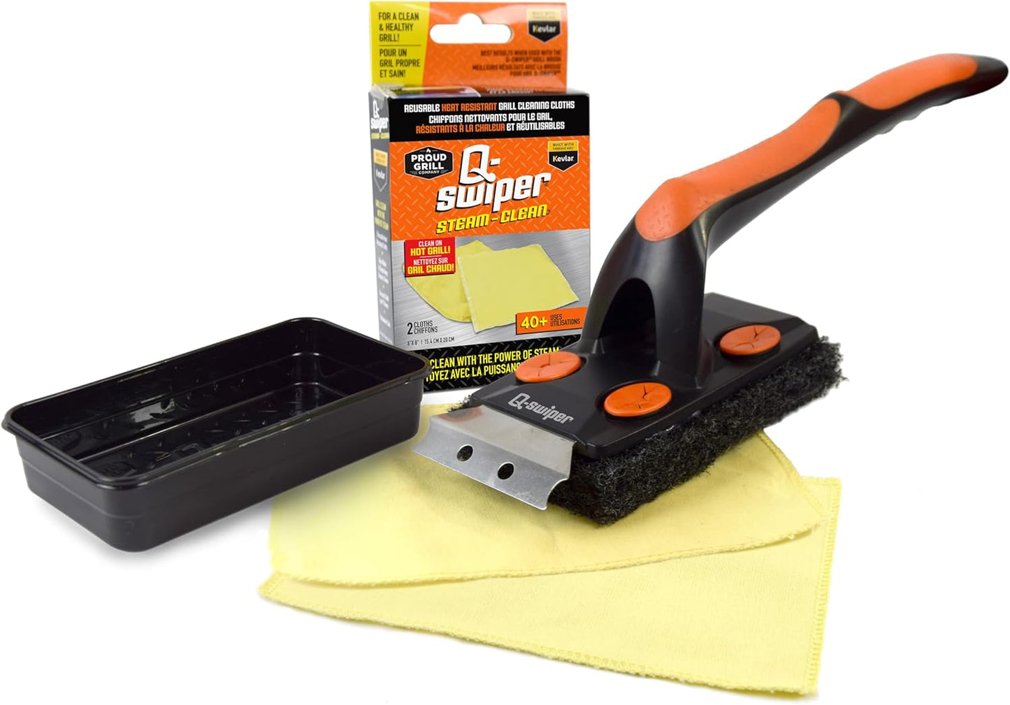 Proud Grill Q-Swiper XL Steam-Clean BBQ Grill Cleaner Set - 1 Bristle & Wire-Free Brush with Scraper, 2 Kevlar Steam Clean Cloths & 1 Water Tray, Grease & Grime Remover, Outdoor Barbecue Accessories