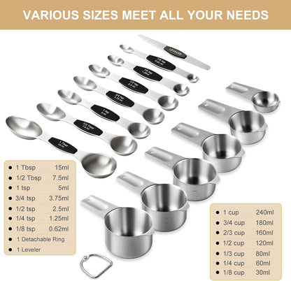 EWFEN Measuring Cups and Spoons Set, 7 Stainless Steel Nesting Measuring Cups & 7 Spoons, 5 Mini Measuring Spoons & 2 Detachable Rings, Kitchen Gadgets for Cooking & Baking, Round