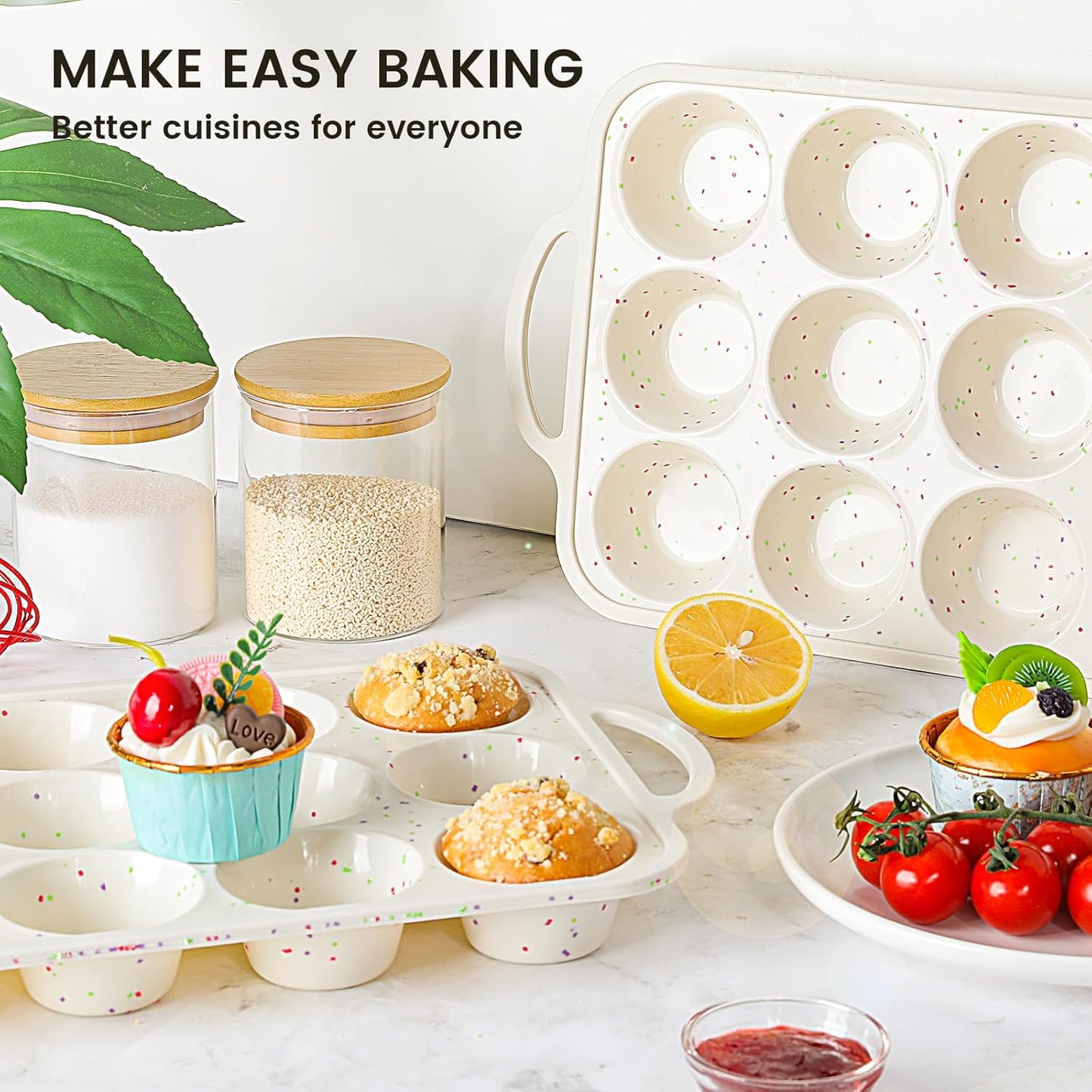 Vinino 2Pack Silicone Muffin Pan for Baking with Metal Reinforced Frame, 12 Cup Regular Size Cupcake Pan, BPA Free Silicone Muffin Tray, Cupcake Baking Pan Bite Molds for Oven Dishwasher Safe