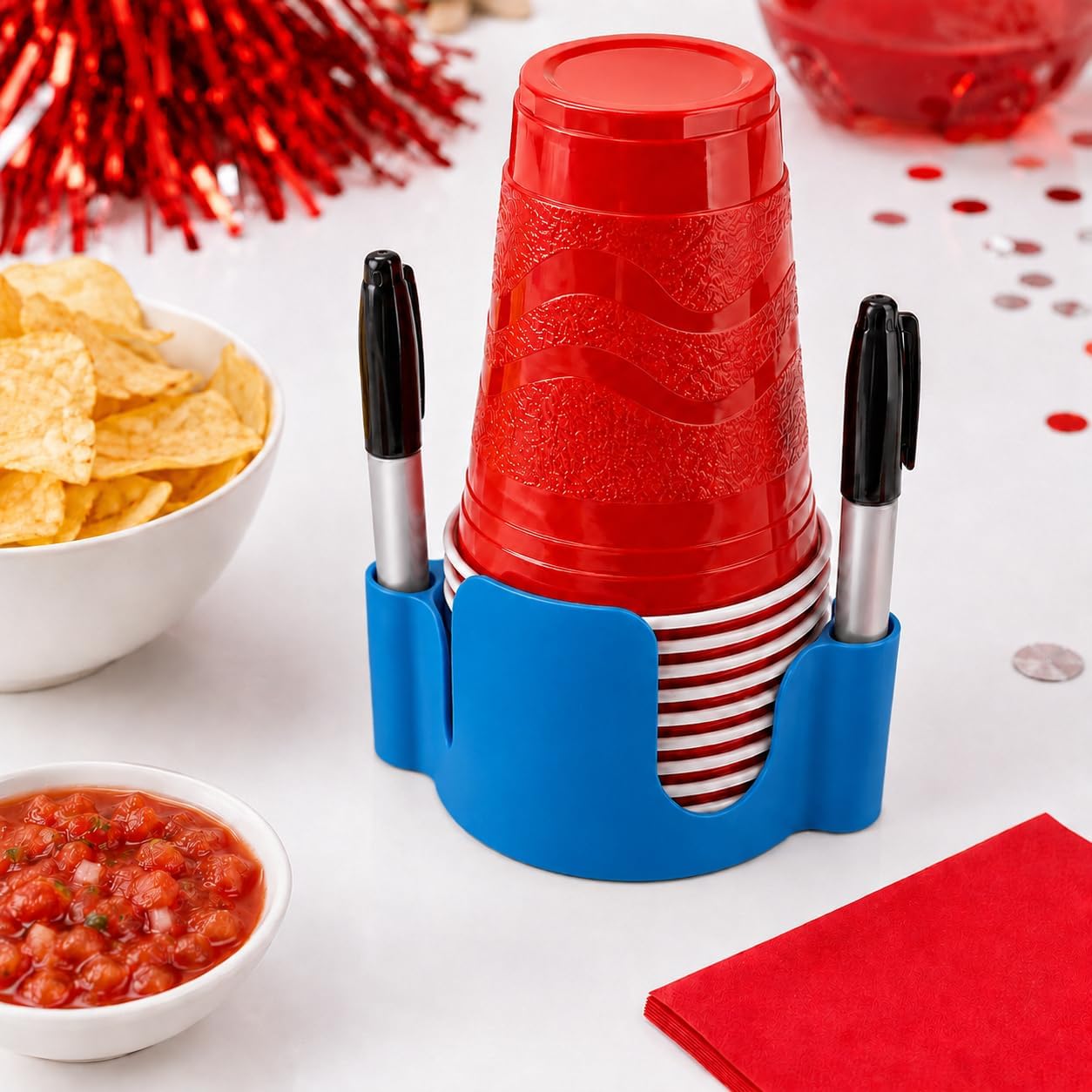 Party Cup Dispenser with Marker Holder – Stackable Plastic Cup Organizer for Parties, Events, BBQs, Picnics, Graduations & Drink Stations, Cup and Marker Caddy, Black (Red)
