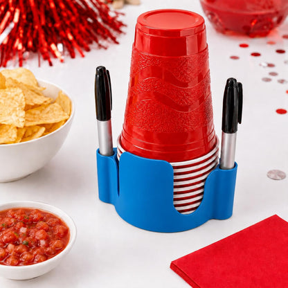 Party Cup Dispenser with Marker Holder – Stackable Plastic Cup Organizer for Parties, Events, BBQs, Picnics, Graduations & Drink Stations, Cup and Marker Caddy, Black (Red)