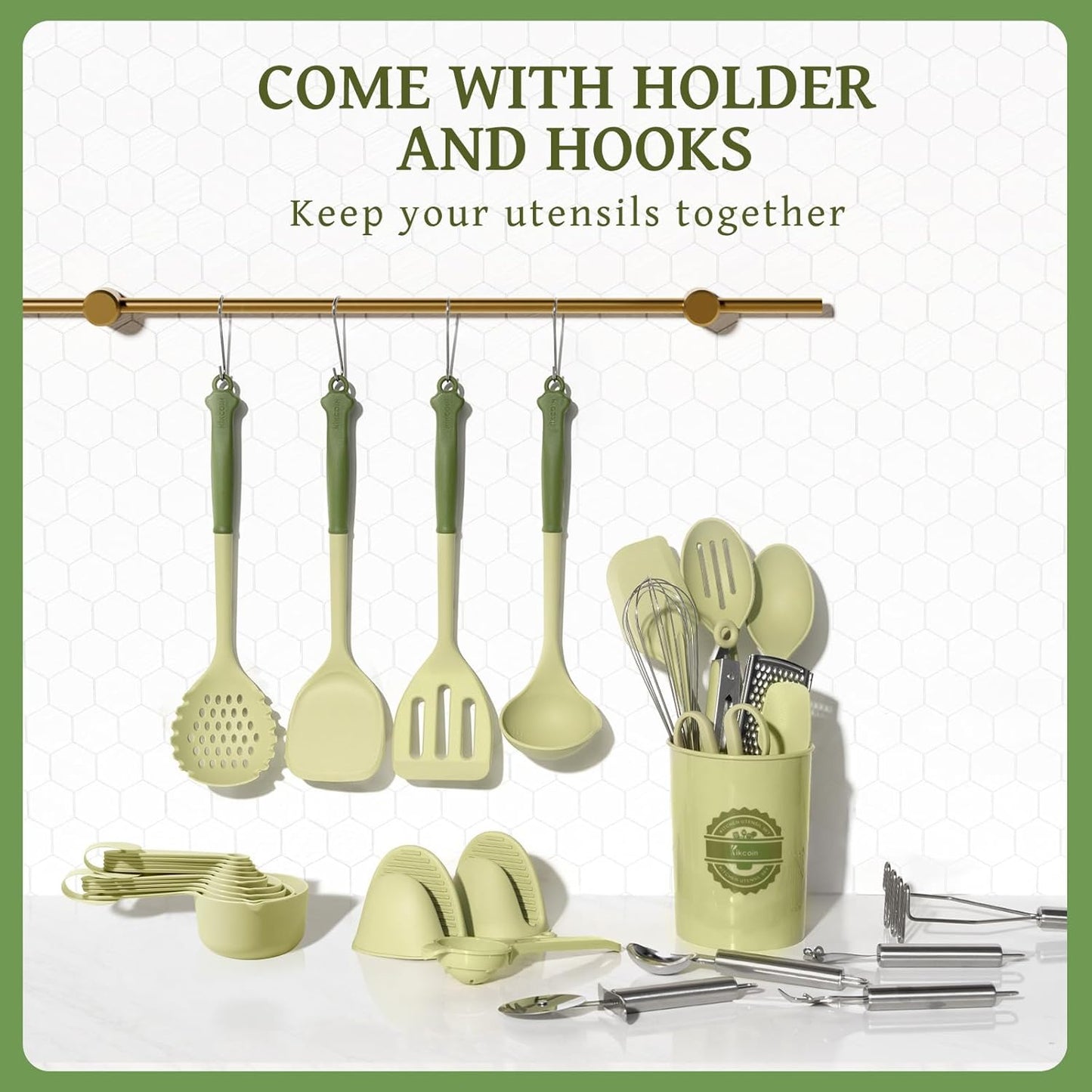 Kikcoin 43Pcs Large Kitchen Utensils Set - Silicone Cooking Utensils Set, Dishwasher Safe Spatula Set for Non-stick Cookware, 446°F Heat Resistant Kitchen Utensils Set with Holder BPA Free, Grey
