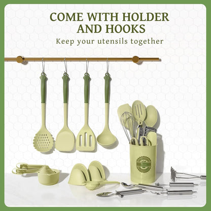 Kikcoin 43Pcs Large Kitchen Utensils Set - Silicone Cooking Utensils Set, Dishwasher Safe Spatula Set for Non-stick Cookware, 446°F Heat Resistant Kitchen Utensils Set with Holder BPA Free, Grey