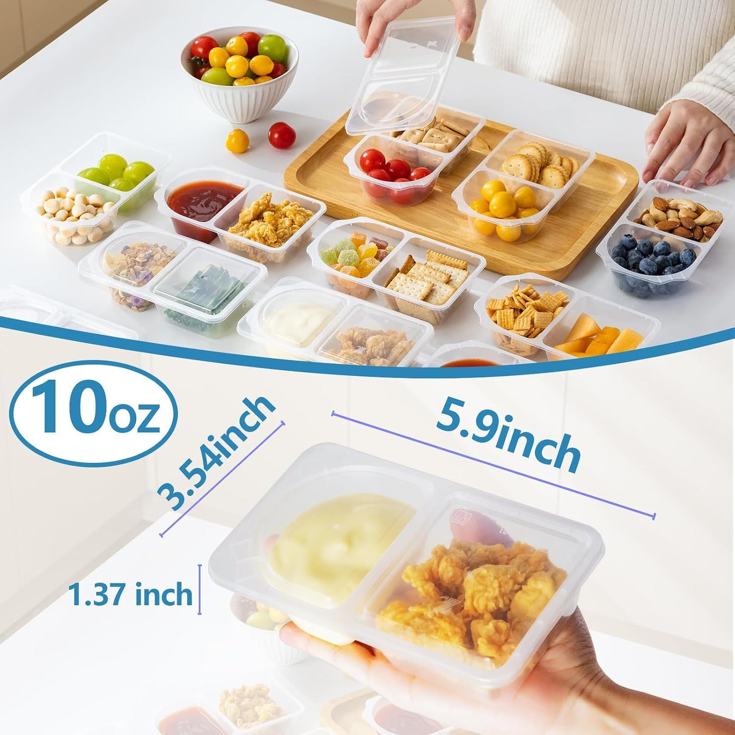 10 oz Reusable Snack Containers with Lids for Kid, 2 Compartment Large Capacity Condiment Portion Control Containers for School lunch, Go out Travel, Party