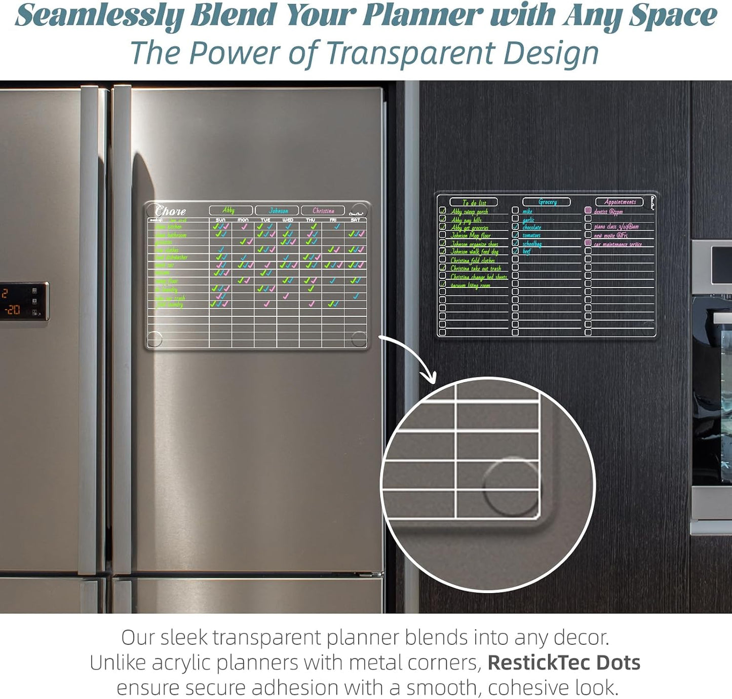Clear Non-Magnetic Meal Planner Set for Fridge - Dry Erase Transparent Menu and List Board - Sticks to Wall, Glass, Door, Any Smooth Surfaces
