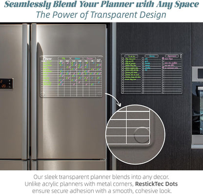 Clear Non-Magnetic Meal Planner Set for Fridge - Dry Erase Transparent Menu and List Board - Sticks to Wall, Glass, Door, Any Smooth Surfaces