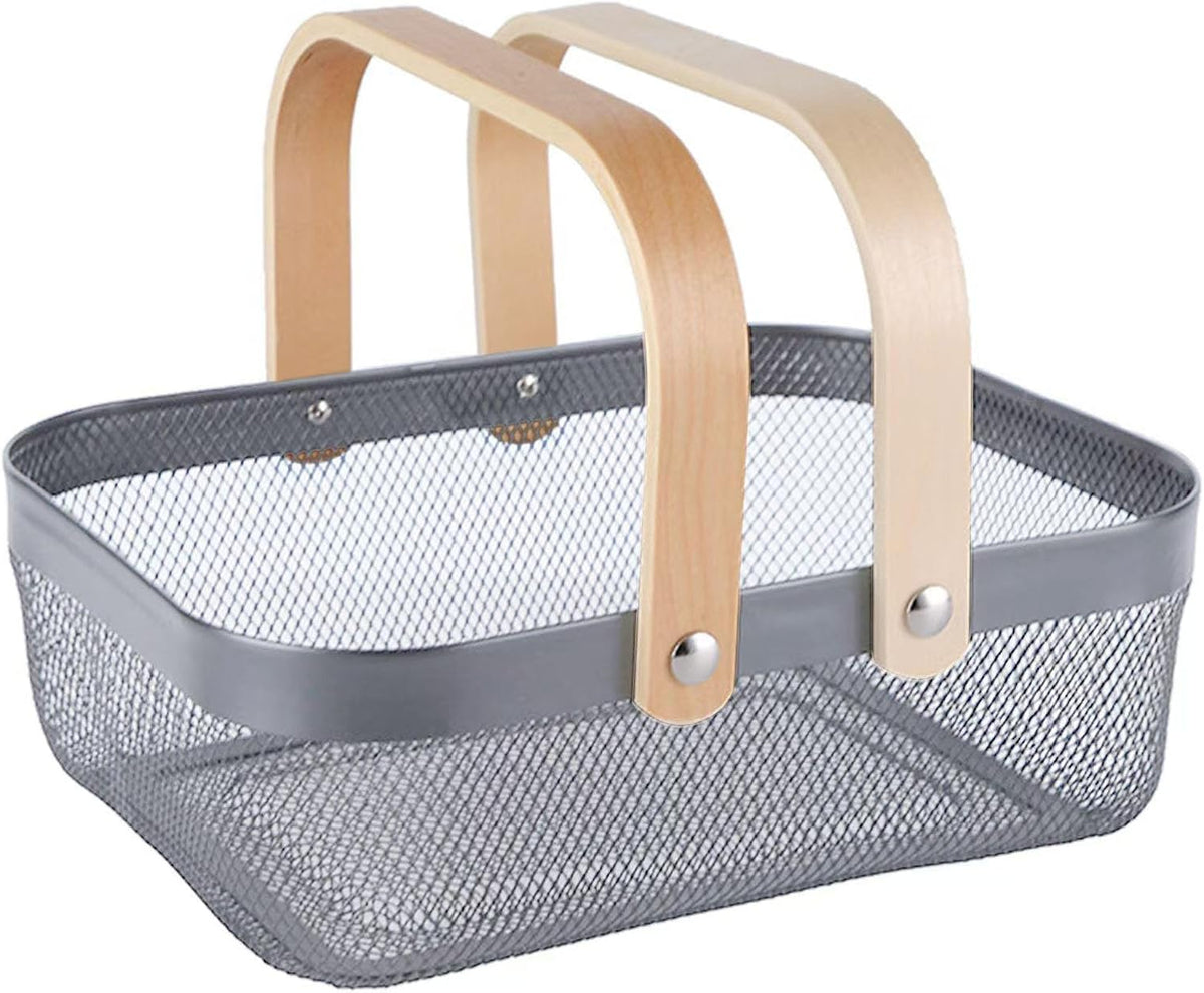 AJIODA Metal Mesh Steel Basket, Storage Organizer Basket Garden Harvest Basket Multi-functional Kitchen Fruit Baskets Bin with Wooden Handle for Bathroom Picnic Shopping Decor Cabinet Home, Pink