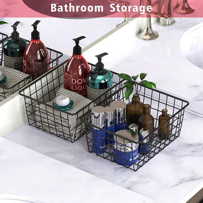 Metal White Wire Basket,Food Storage Organizer with Wooden Handles, pantry organizers and storage for Organizing Kitchen Cabinets potato onion, 2 Packs