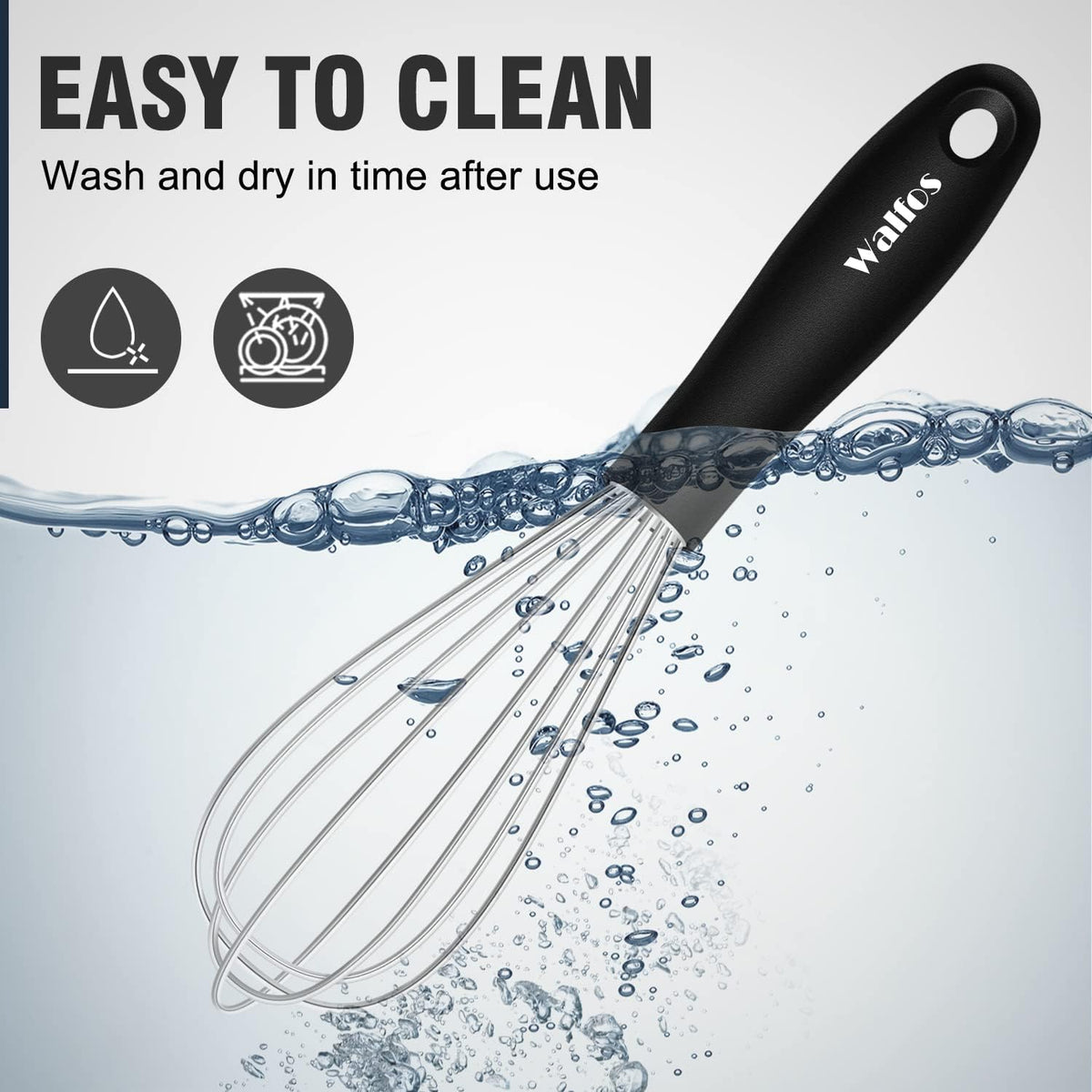 Walfos Silicone Whisk,Stainless Steel Wire Whisk -Heat Resistant 480°F Kitchen Whisks for Non-stick Cookware,Balloon Egg Beater Perfect for Blending,Whisking,Beating,Frothing & Stirring,Black