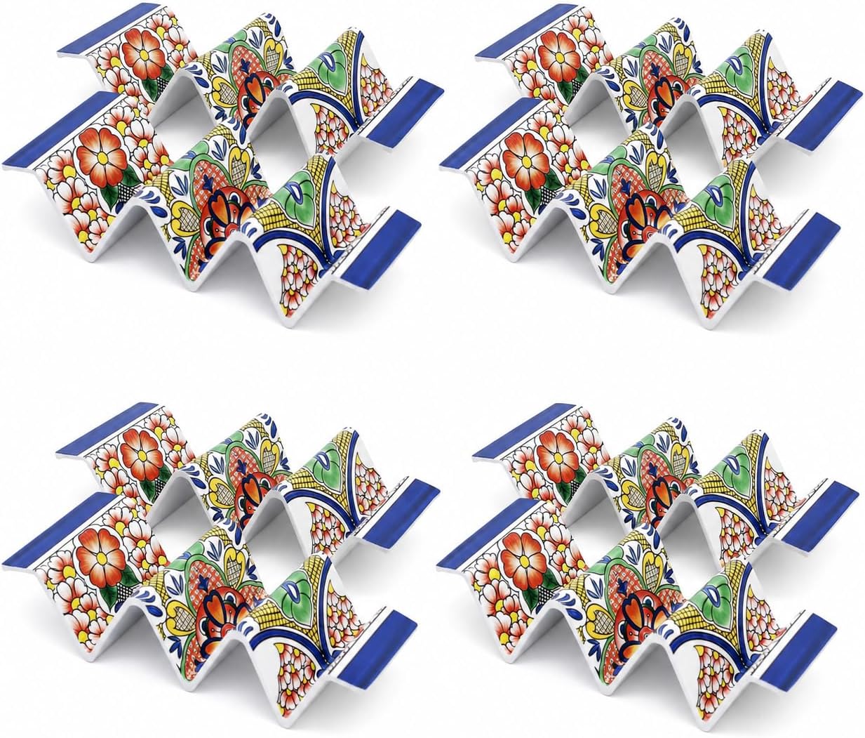 TP Taco Holder Stands, Set of 2 Melamine Large Taco Serving Rack Tray with Handle, Holds 3 Tacos, Dishwasher Safe, Ideal for Taco Night, Party, Home, Fiesta, Talavera Tile