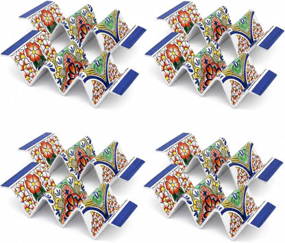 TP Taco Holder Stands, Set of 2 Melamine Large Taco Serving Rack Tray with Handle, Holds 3 Tacos, Dishwasher Safe, Ideal for Taco Night, Party, Home, Fiesta, Talavera Tile