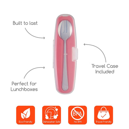 Innobaby Din Din Smart Stainless Steel Spoon and Fork with Carrying Case. Utensil Set for Kids and Toddlers. BPA Free. Blue.