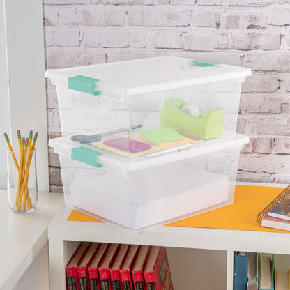 Sterilite Deep Clip Box, Stackable Small Storage Bin with Latching Lid, Plastic Container to Organize Paper, Office, Home, Clear Base and Lid, (Pack of 4)