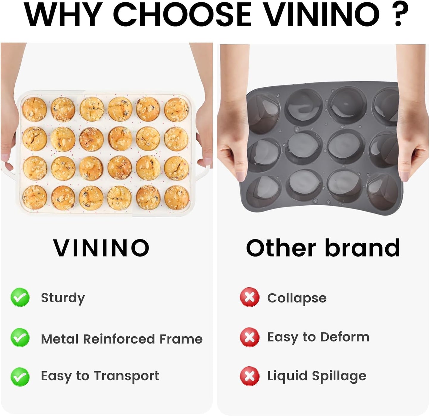 Vinino 2Pack Silicone Muffin Pan for Baking with Metal Reinforced Frame, 12 Cup Regular Size Cupcake Pan, BPA Free Silicone Muffin Tray, Cupcake Baking Pan Bite Molds for Oven Dishwasher Safe