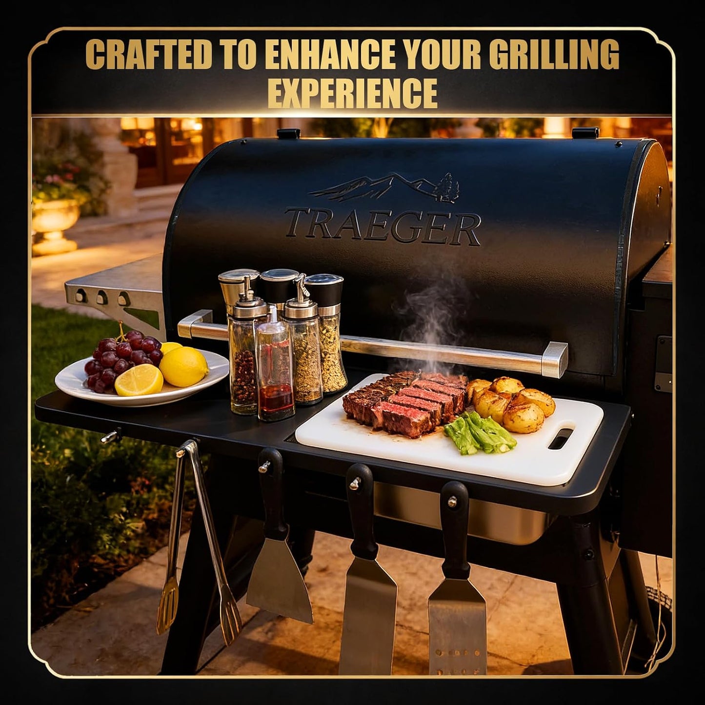 QuliMetal Folding Front Shelf for Traeger Pro 34, Texas Elite 34, Century 885 and Eastwood 34, 37" x 12" Heavy-Duty Grill Prep Table with Cutting Board, Stainless Steel Basin, Lid and 5 Hooks