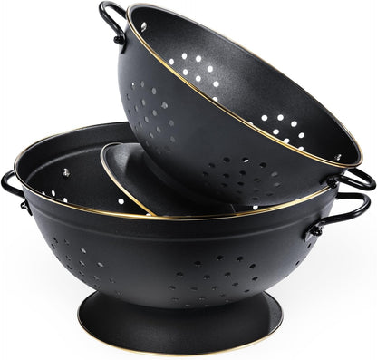 Metal Colander Set of 2, Strainer Basket with Handles 3.5 & 5 Qt Powder Coated Self-draining Solid Ring Base Metal Large Kitchen Colander Bowel for Pasta Vegetable Fruit (PINK)