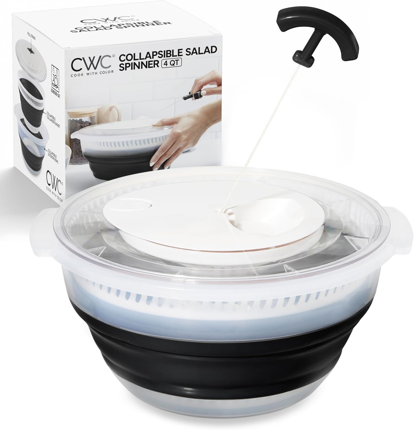COOK WITH COLOR Collapsible Salad Spinner - 4 QT Space Saving Lettuce Dryer with Folding Collapsible Colander Great for Washing and Drying Fruit and Vegetables (Grey)