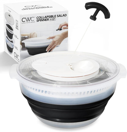 COOK WITH COLOR Collapsible Salad Spinner - 4 QT Space Saving Lettuce Dryer with Folding Collapsible Colander Great for Washing and Drying Fruit and Vegetables (Grey)