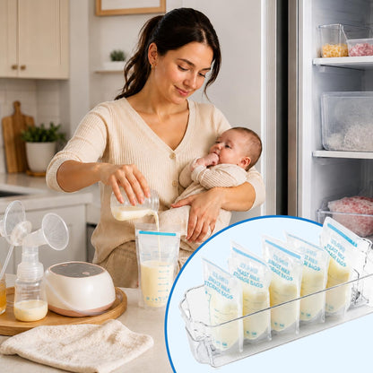 2 Set Breast Milk Storage Containers for Fridge and Freezer with Automatic Pusher, Clear Organizer Self Pushing Bins for Breastmilk Bags, Bottles and Pouches, 14.7 x 4.3 x 3.9 Inches