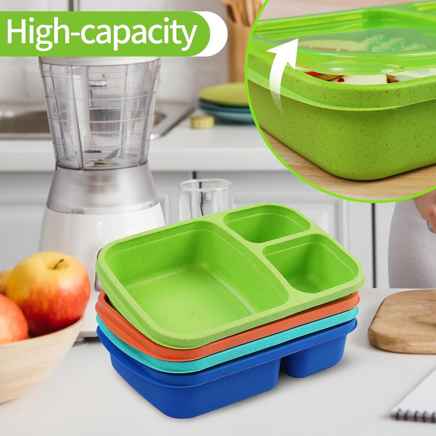 buluker 4 Pack Bento Lunch Box Set 3 Compartment Food Storage Containers Wheat Straw Meal Prep Lunch Box Plastic Food Storage Containers, Microwave and Dishwasher Safe (light colour)