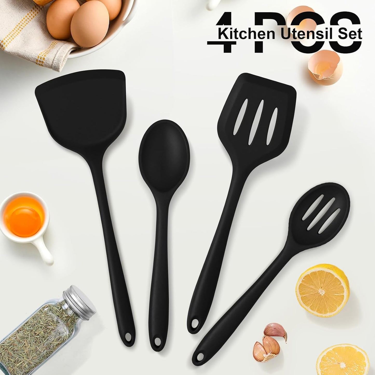 P&P CHEF Kitchen Utensil Set, 4 Pieces Non-stick Silicone Cooking Utensils, Heat-resistant Slotted Solid Spoon Turner for Frying, Mixing, Serving, Non-toxic & Easy to Clean, Blue