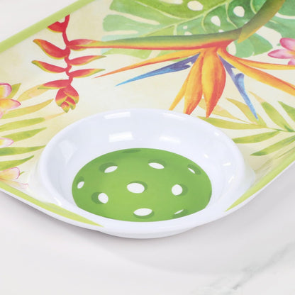 UPware Flamingo Melamine Chip and Dip Snack Tray, Tropical Floral Pickleball Paddle Shape Platter for Chips, Salsa, Fruits, and Appetizers, 15.75 x 8 Inch